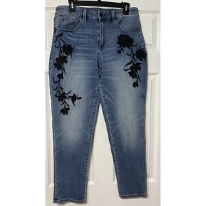 Chico's Blue Ankle Jeans with Black Floral Design